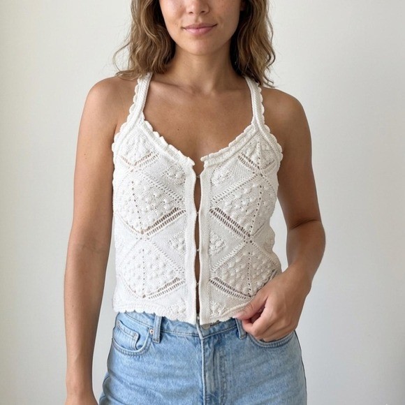 Y Studio Ivory Crochet Knit Hook Front Tank Top XS