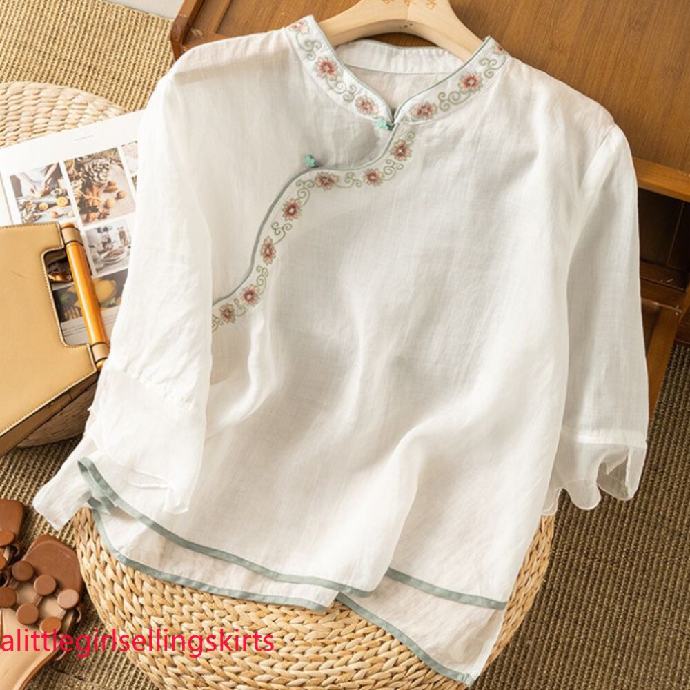 Women Embroidered Floral Top Chinese Ethnic Shirt Blouse Casual Loose Thin Chic