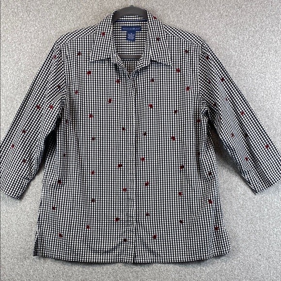 Mountain Lake button up blouse women M embroidered ladybugs gingham cottage