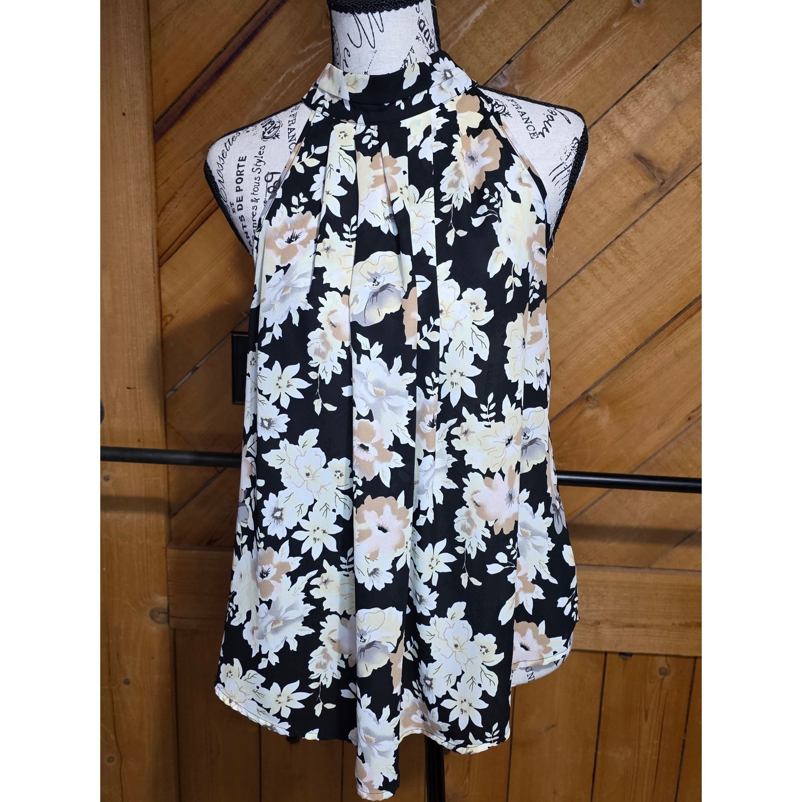 CAbi Floral Halter Neck Pleated Top Black Cream Tan Sleeveless Blouse High Neck