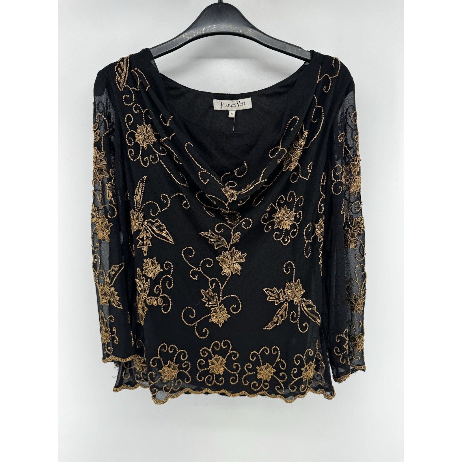Jacques Vert Beaded Top Sheer Black Gold Beads Size 12 Vintage NWT Flaw