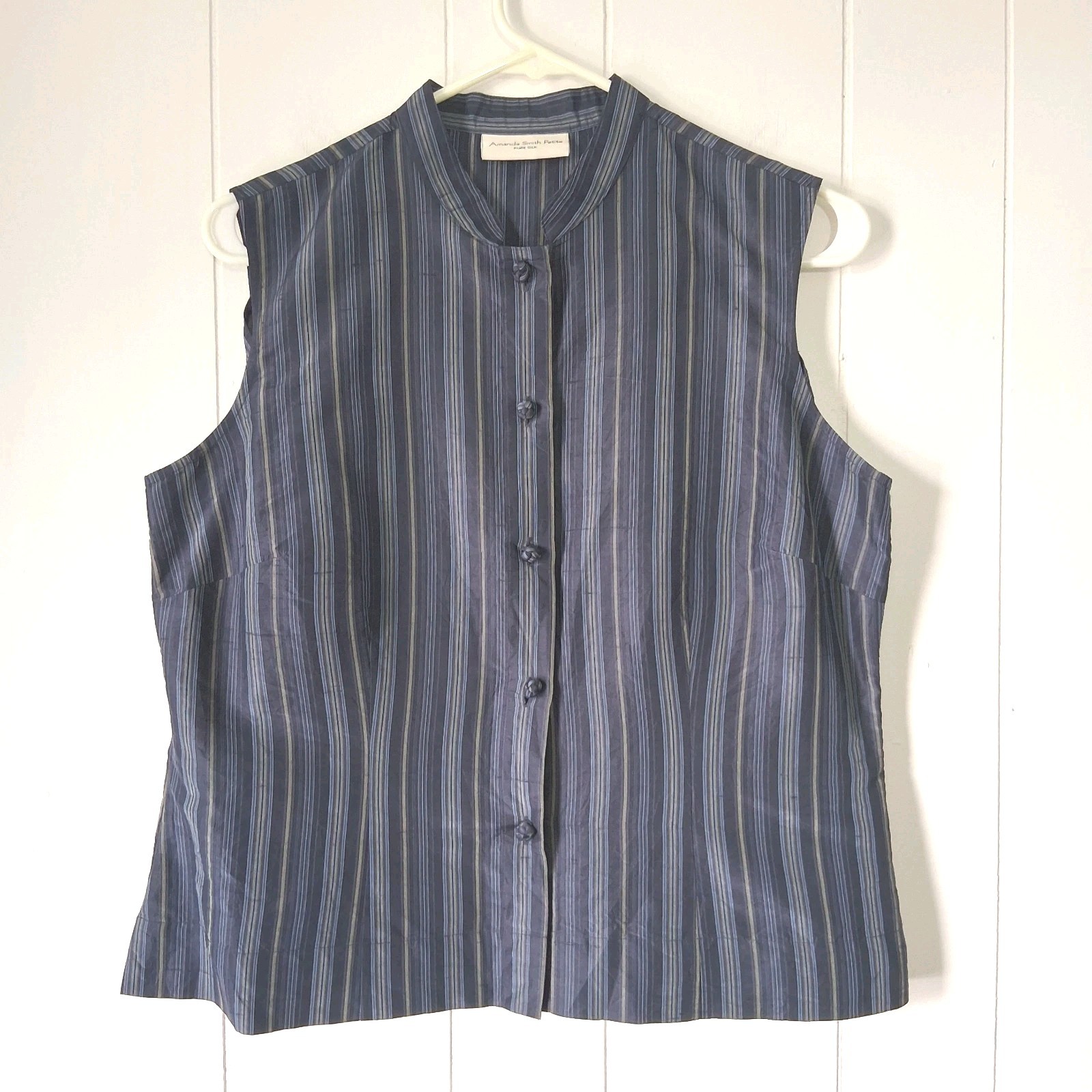 Amanda Smith Silk Top Women’s PL Blue Stripe Sleeveless Mandarin Collar Buttons