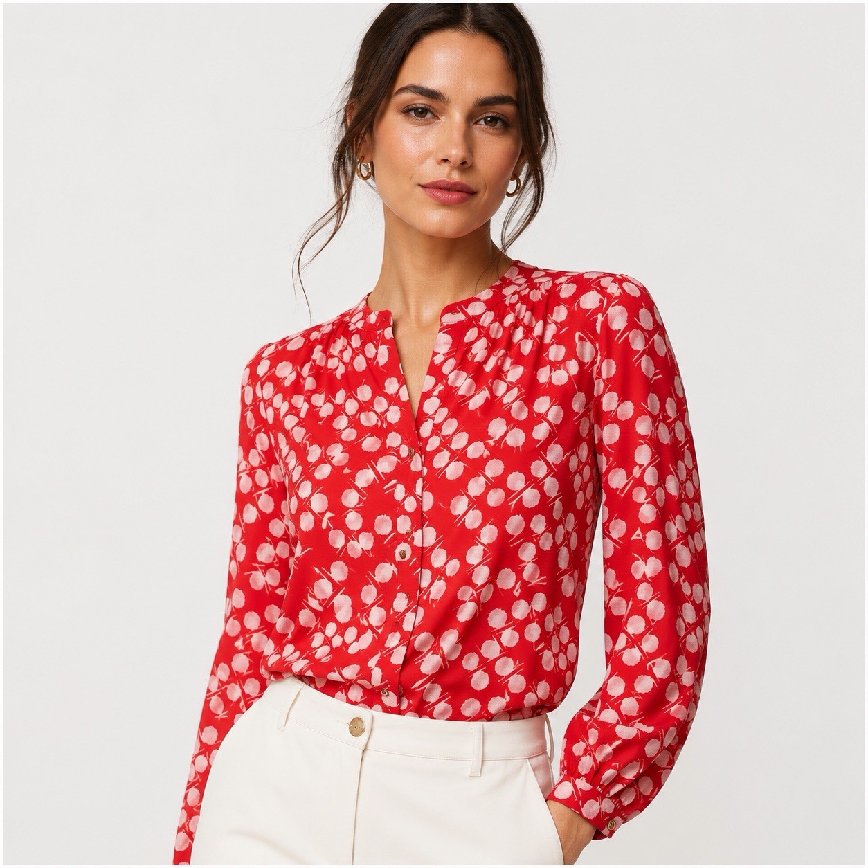 Trina Turk M 93% Silk Blouse Red Pink Print Button Front Career Luxury Top
