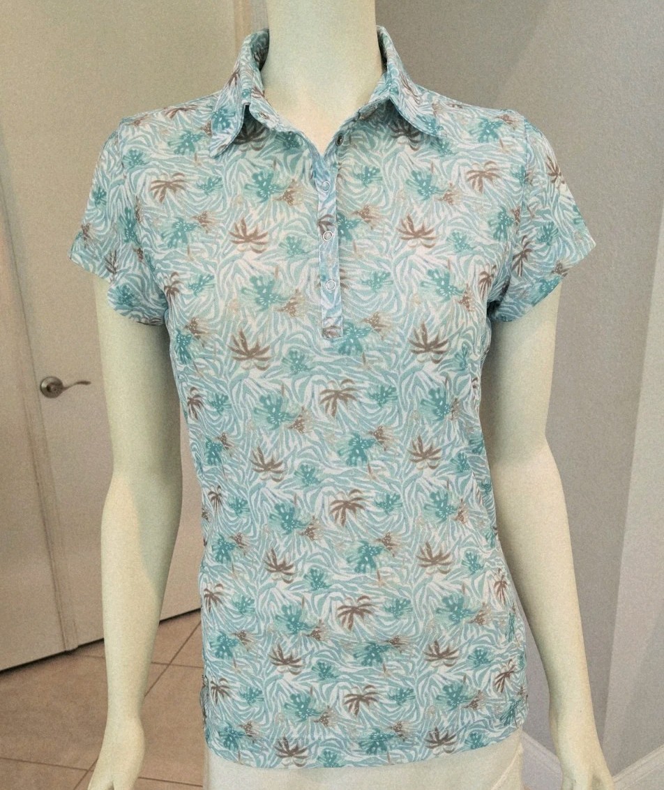 Daily Sports Green Palm Tree Print Cap Sleeve Mesh Slim Fit Womens Polo MD EUC