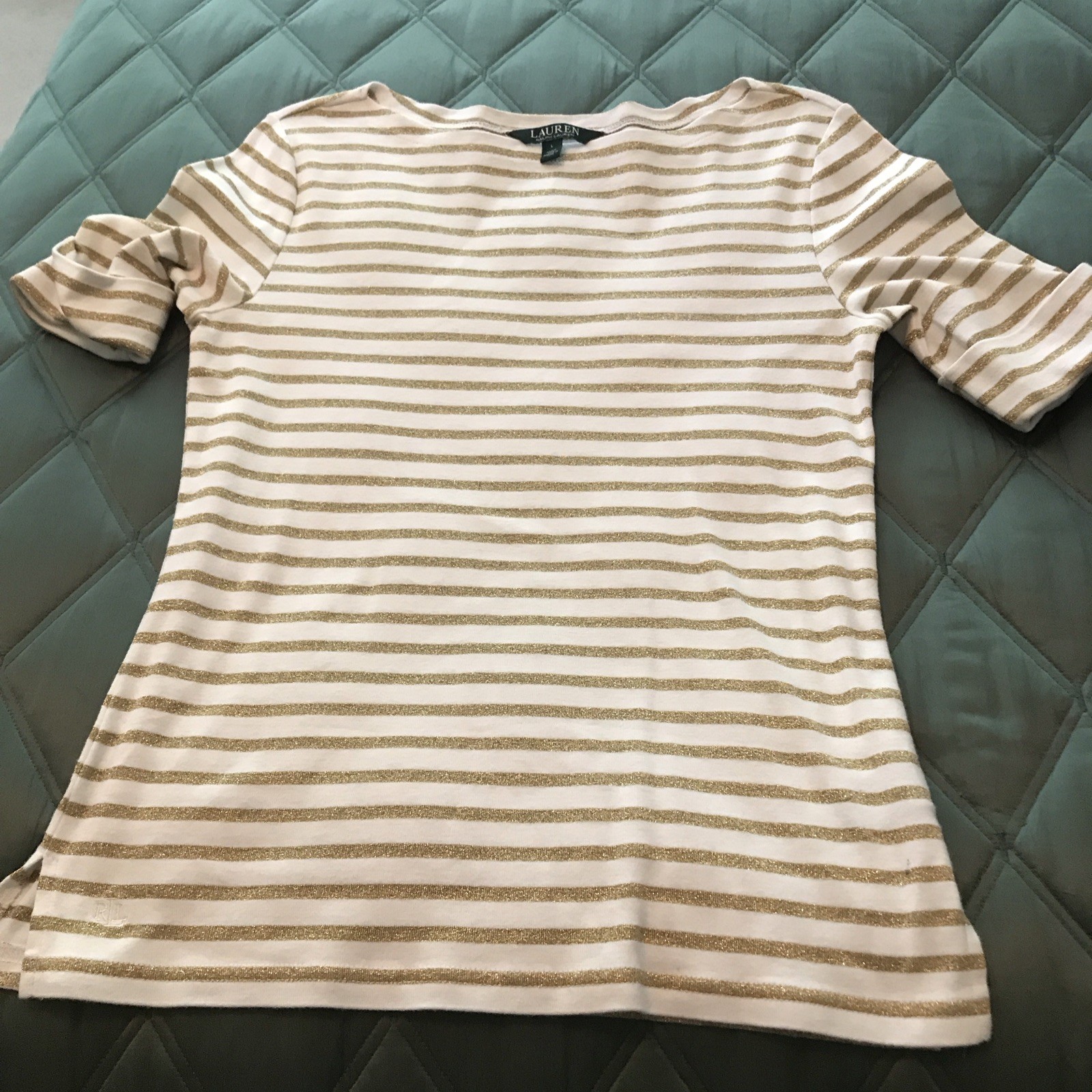 Womens L Lauren Ralph Lauren Gold And White Striped T-Shirt