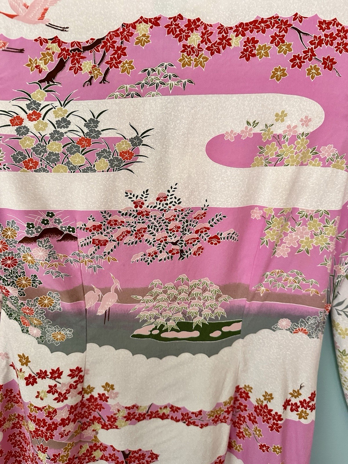 Vtg~Lucky Brand Asian Top/Mini Dress Kimono Sleeves Floral Peacocks Birds Pink