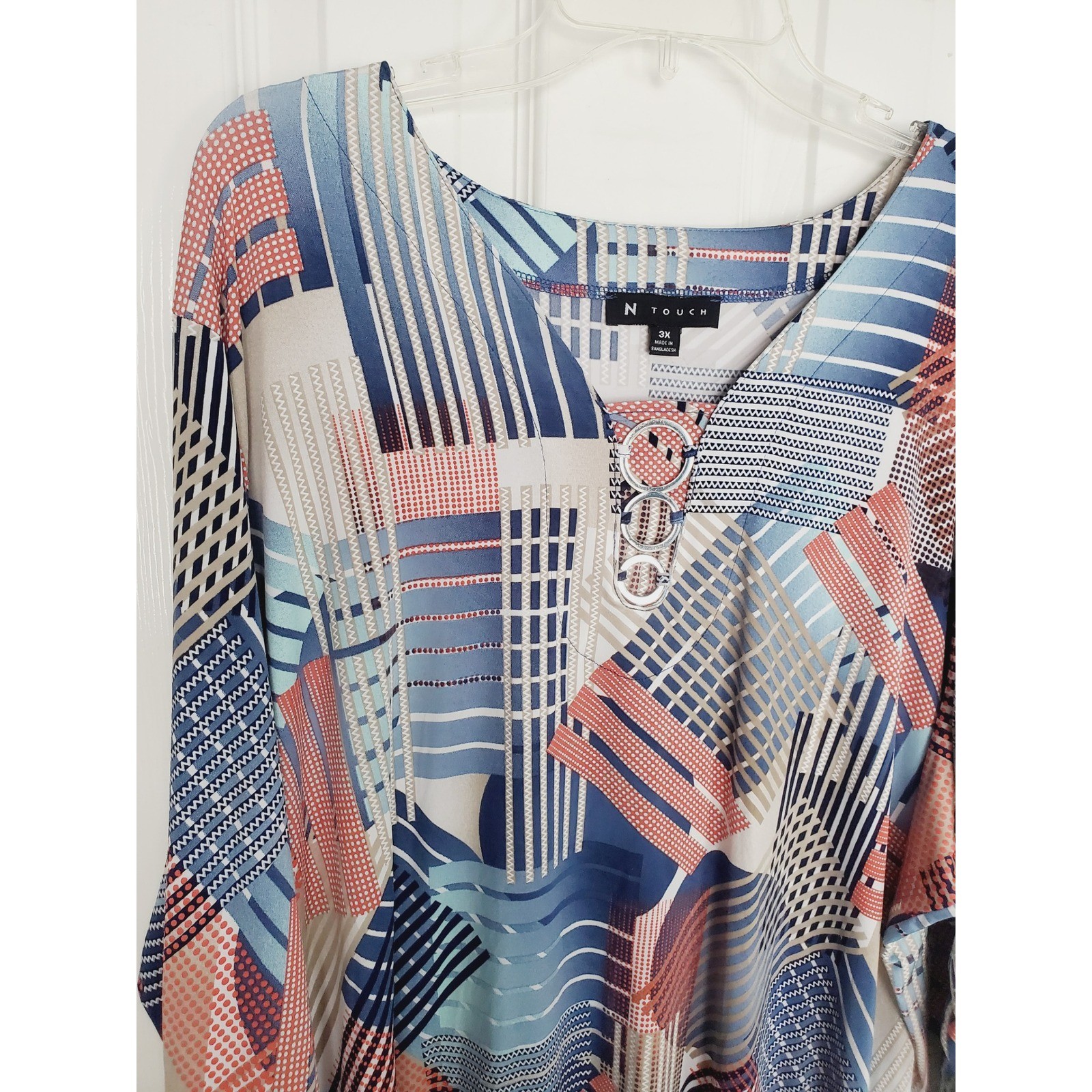 Blue Orange Geometric Abstract Blouse Ring Detail 3/4 Sleeve Plus Size 3X