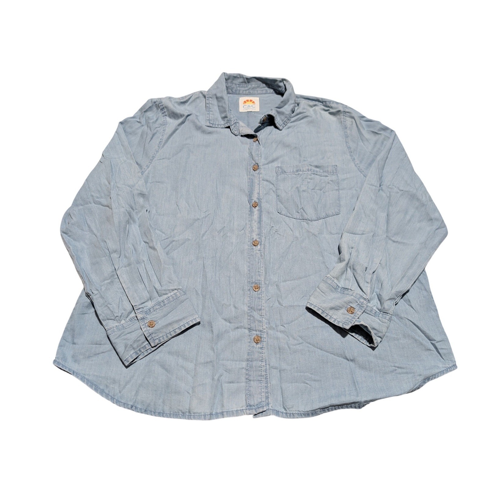 C&C California Button Down Women XL Blue Chambray Long Sleeve Cotton Lyocell