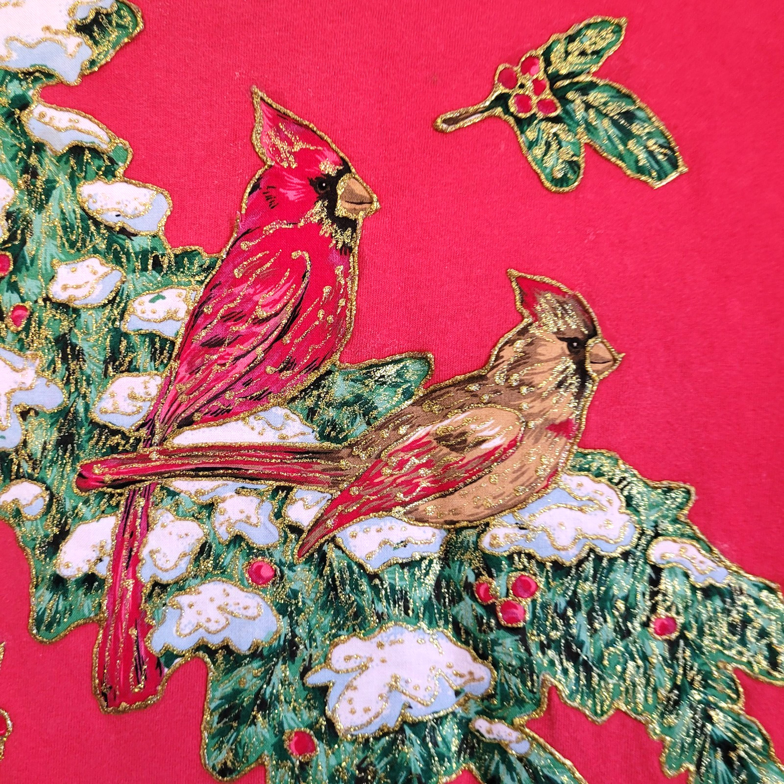 Holiday T-shirt Women Small Cardinal Red Applique Pine Branch Snow Gold Sparkle