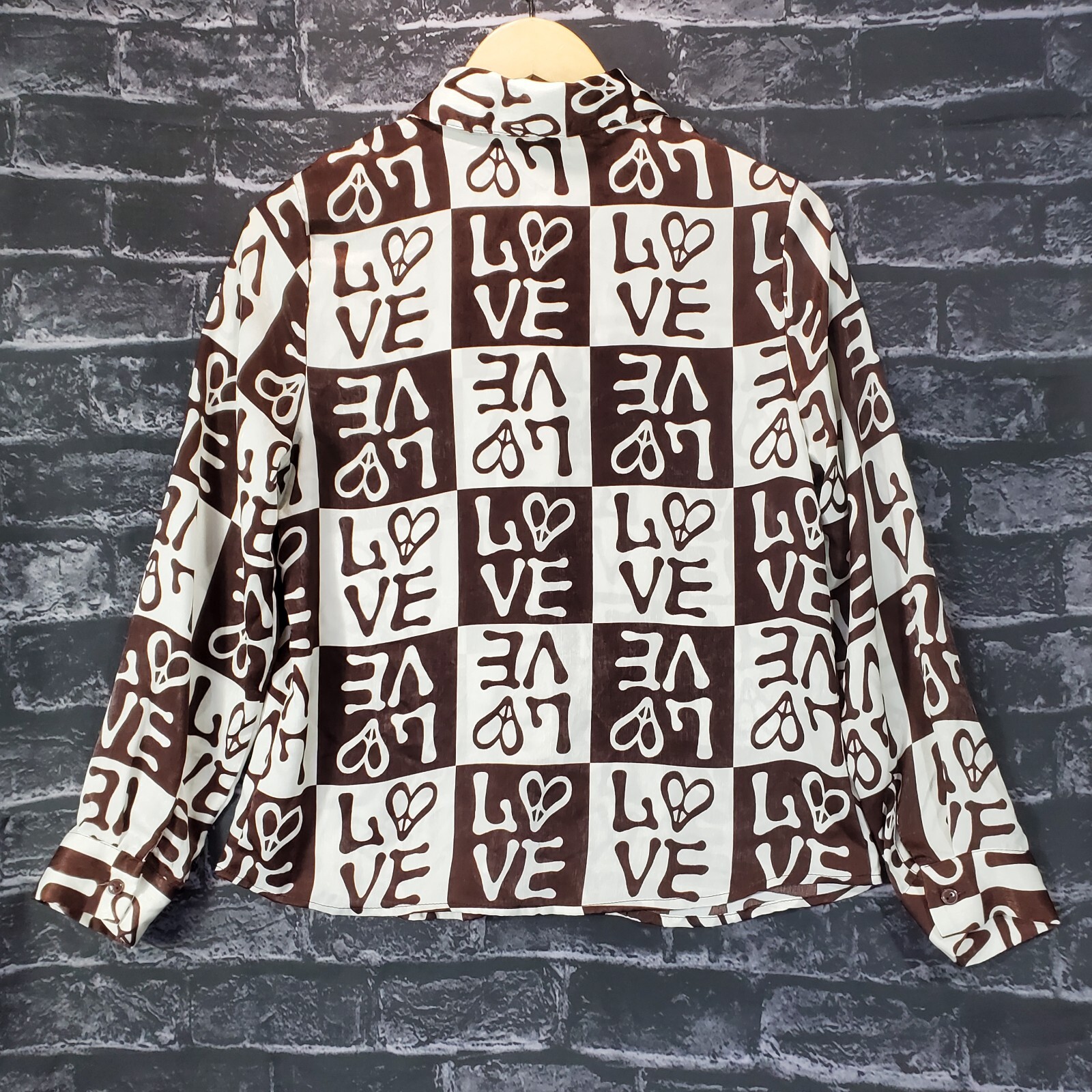 Rabbit Rose Button Up Blouse Womens Small White Brown Checkered LOVE