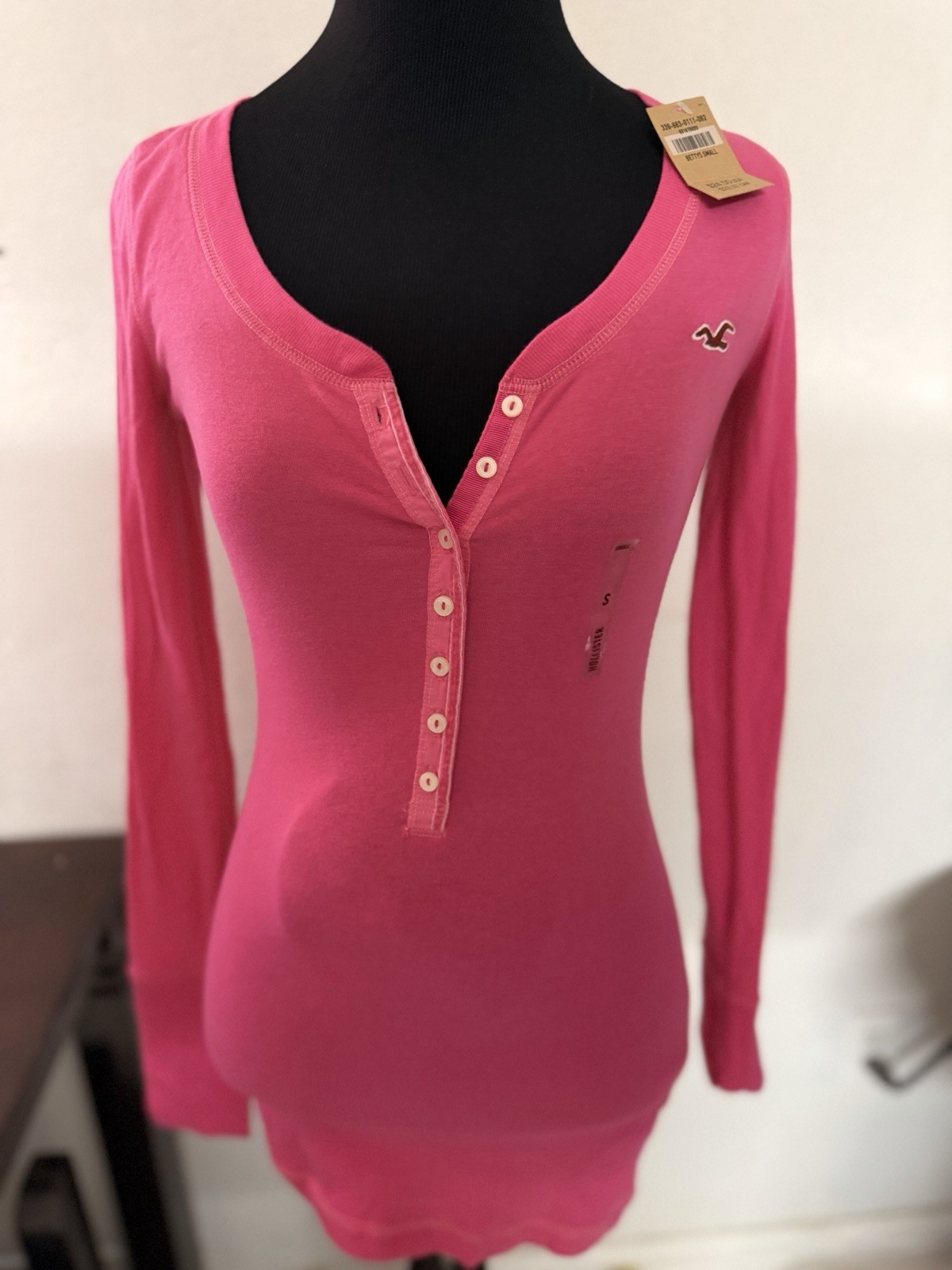 Pink Hollister Long Sleeve Half Button V Neck Top With Cute Hollister Logo
