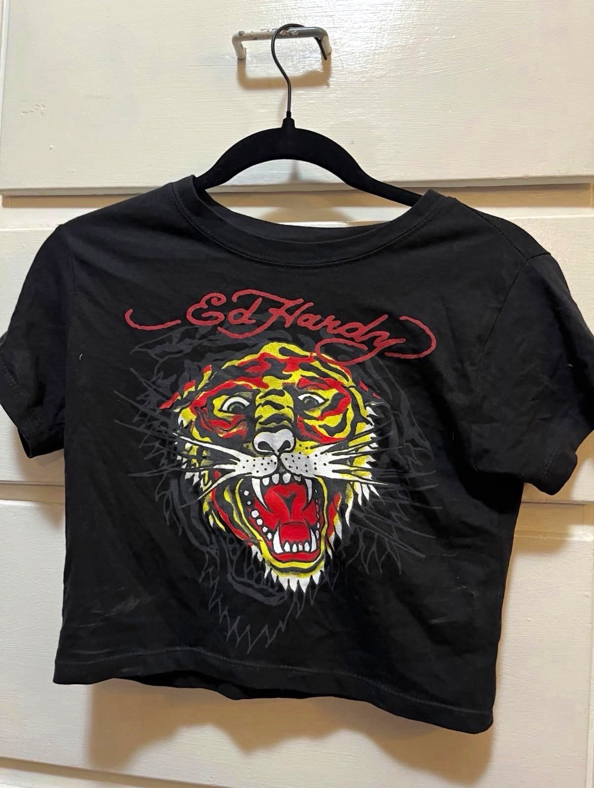 Ed Hardy Black M Cropped Tiger Graphic Print Crew Neck T-Shirt Short Sleeve