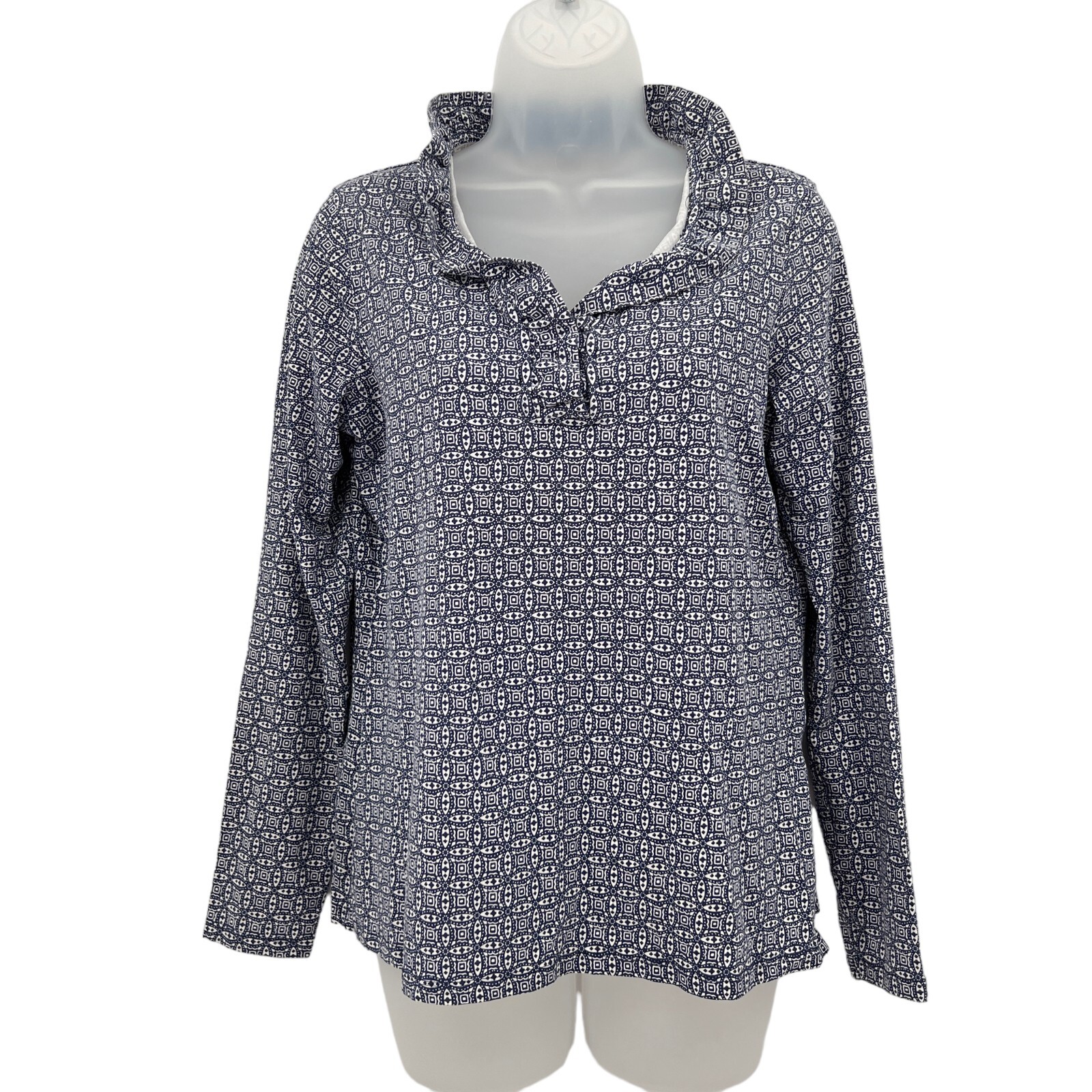 Coolibar Top Womens Small Blue White Geometric V-Neck Ruffle UPF 50 Sun Protect