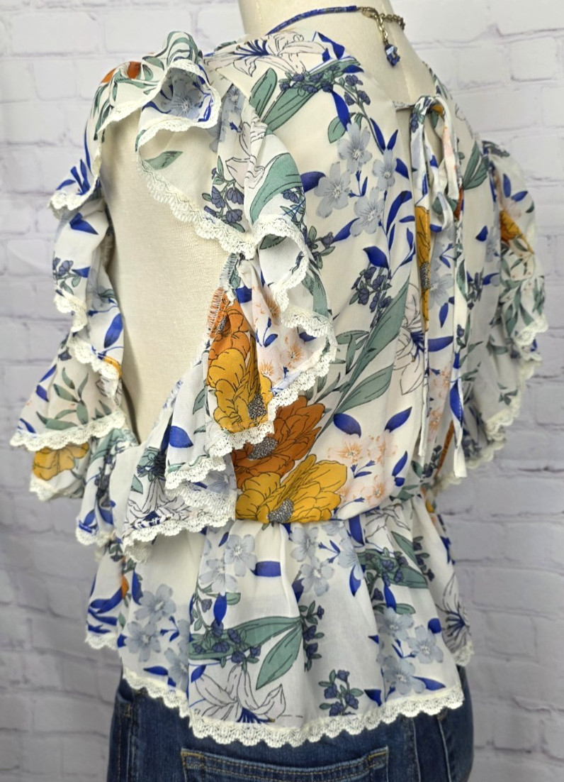 Bae Vely Blouse Floral Lace Ruffles Back Tie Fairy Boho Coquette Cottagecore S