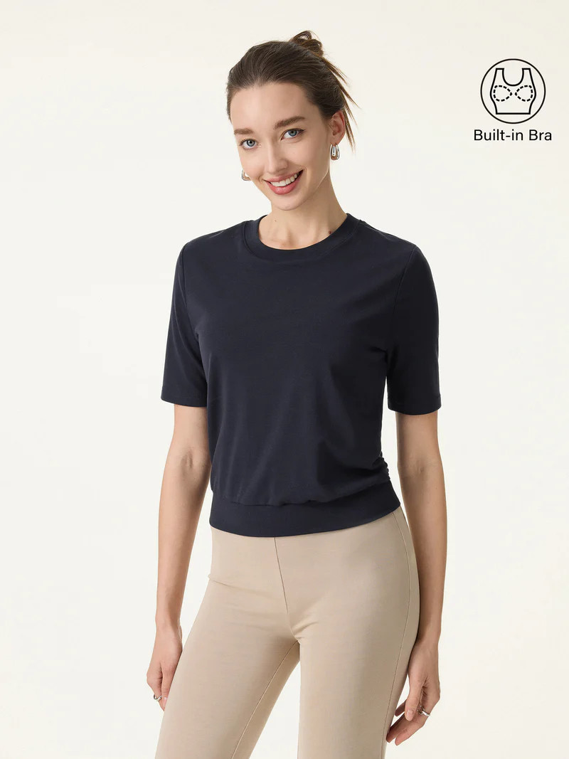 Lyocell Wool Crewneck Bra Top with Banded Hem Smoky Navy XS New with Tags