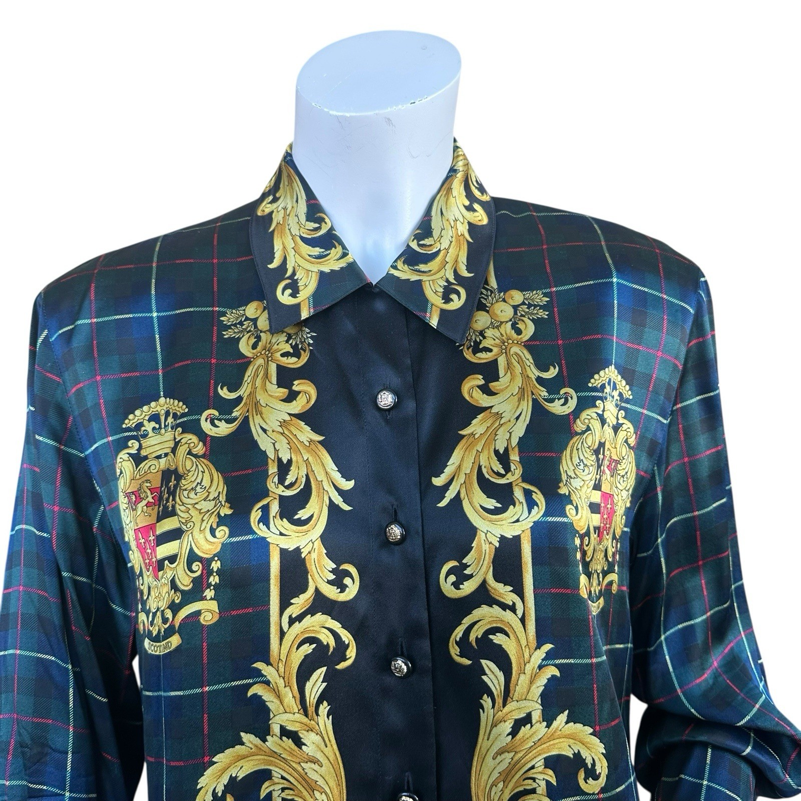 Vintage 80s Escada Tartan Scotland Crest Balmoral Castle Silk Blouse EU40 Medium