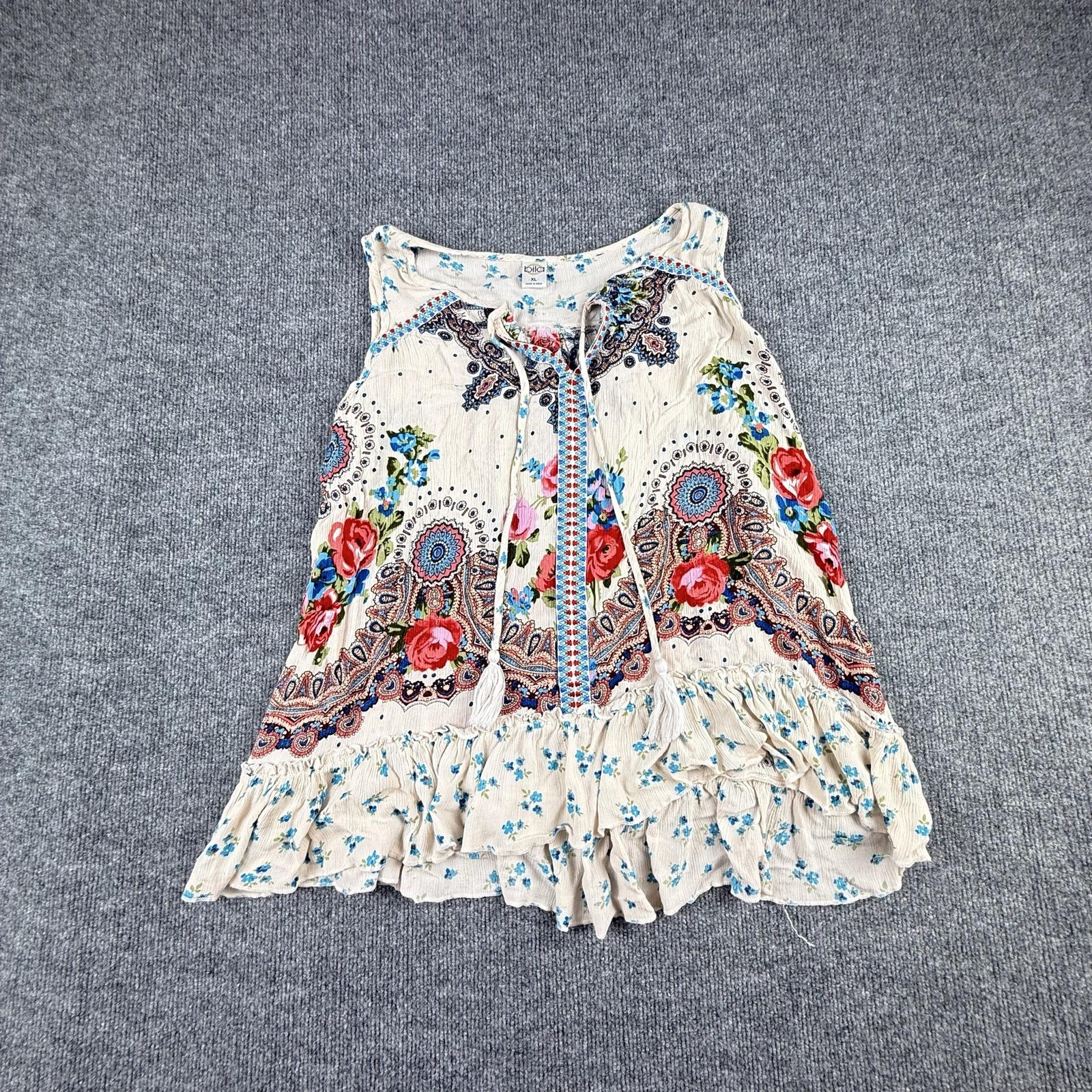 Bila Blouse Womens XL Multicolor Floral Boho Tassel Ruffle Hem Tunic Sleeveless
