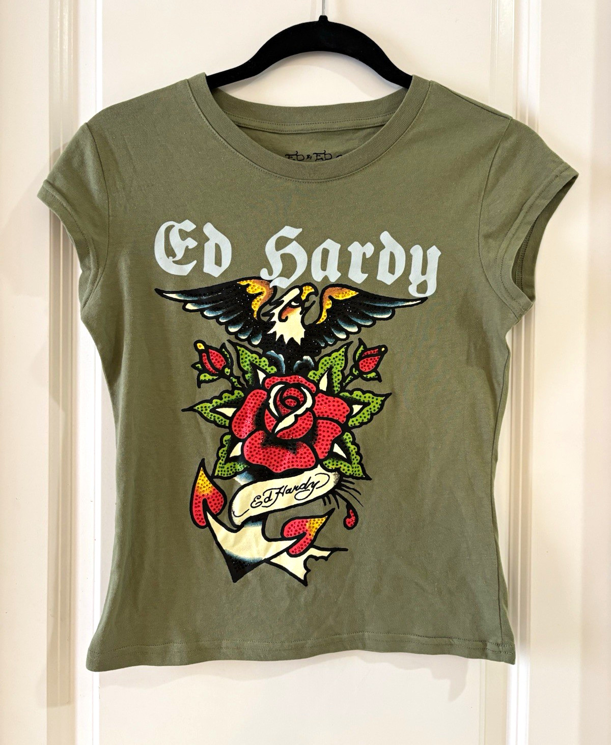 Ed Hardy Women’s M Green Graphic Print Studded Crew Neck Tattoo Eagle Tee
