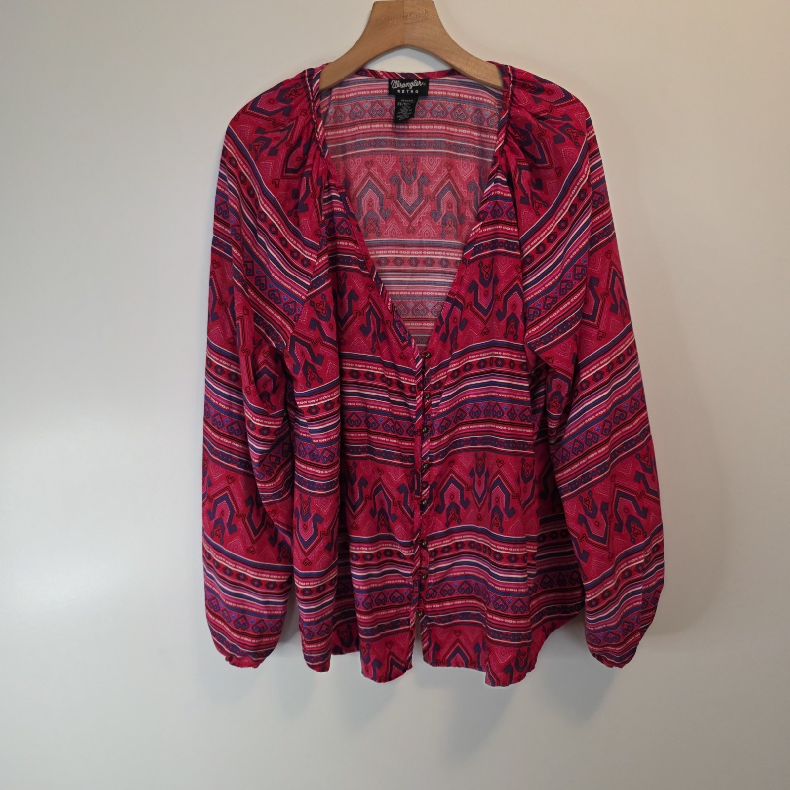 Wrangler Retro Western Blouse Red Aztec Boho Button Front Long Sleeve XL