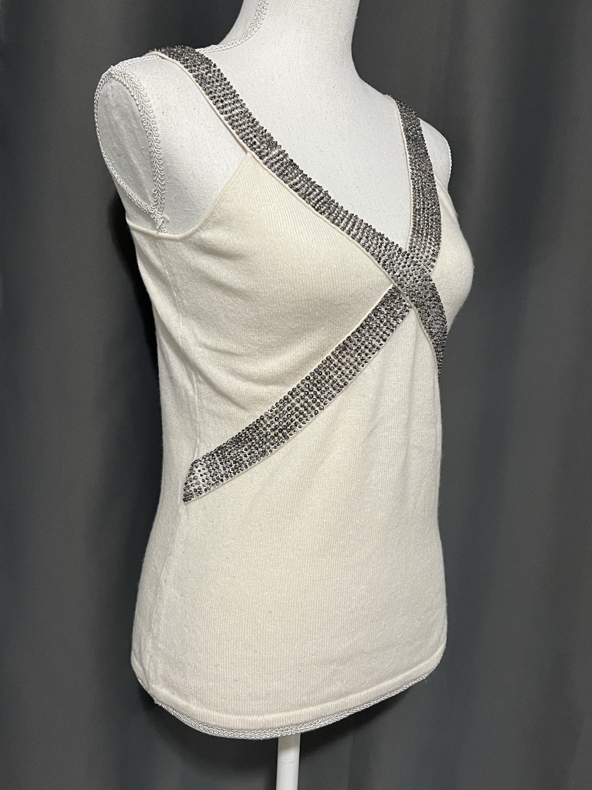 Gianni Bini Women’s Strappy Square 100% Cashmere Beaded Jeweled Tank Top Medium
