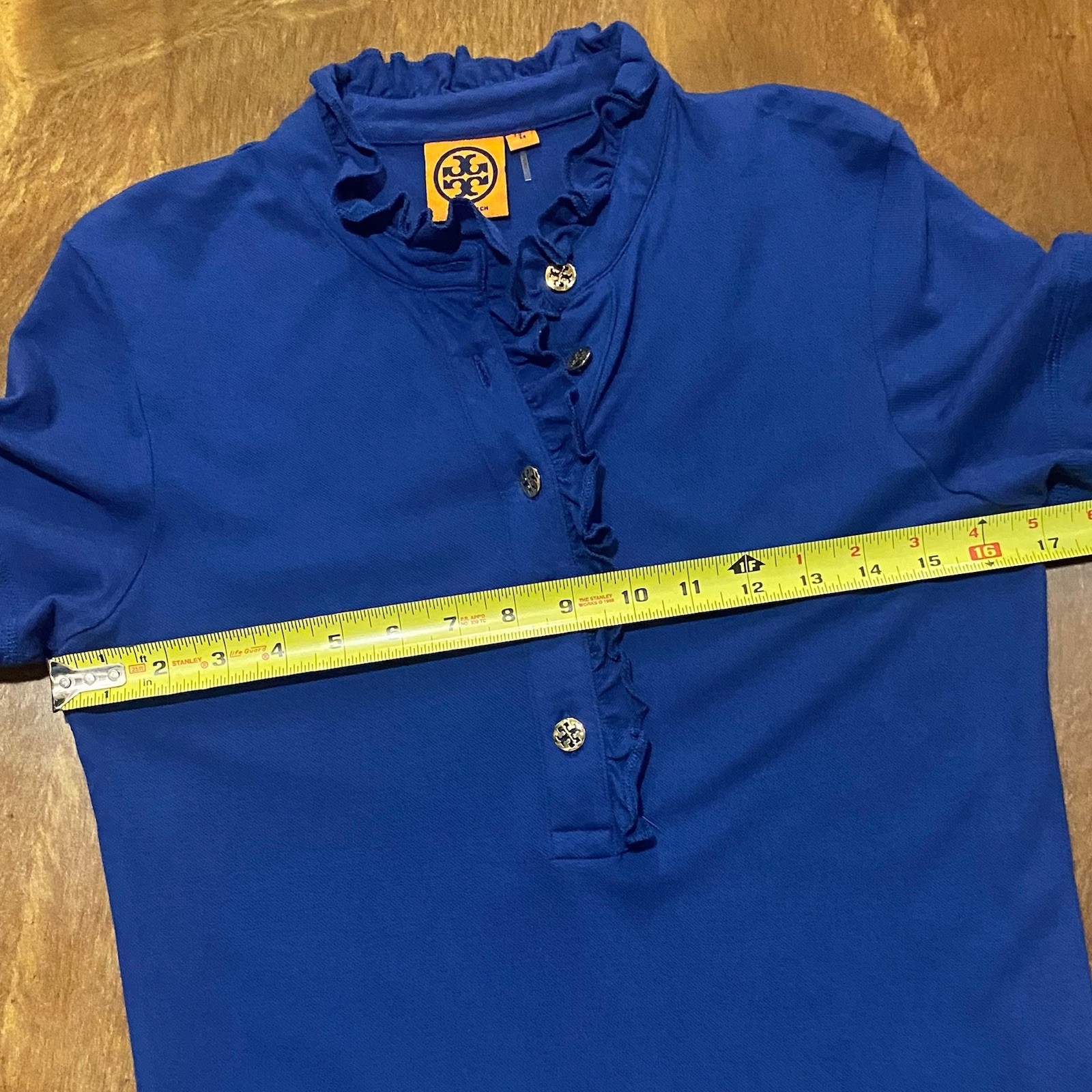 Tory Burch Lidia Ruffle Polo Shirt Women’s Sz Medium Blue with Gold Logo Buttons