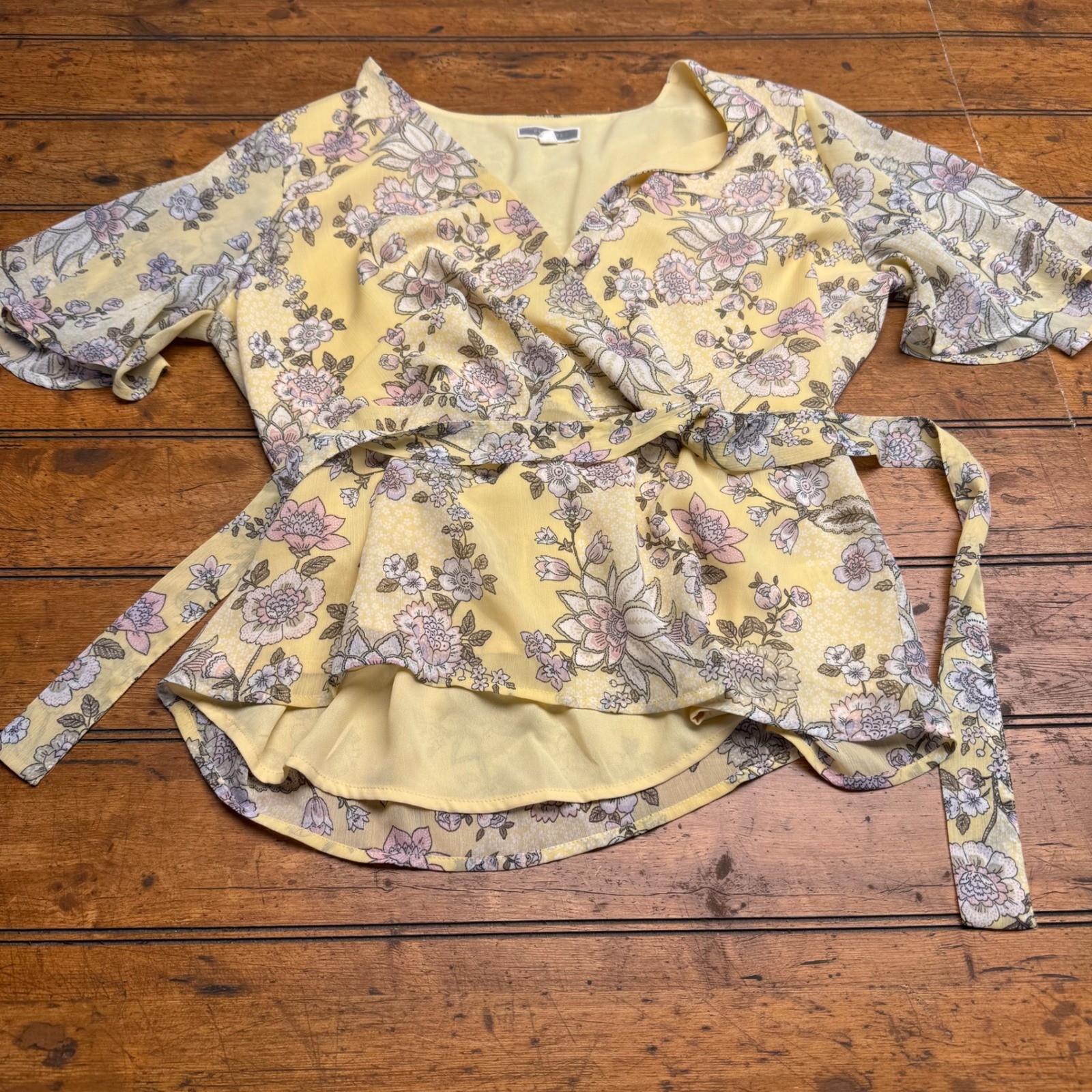 Pelepone Yellow Floral Wrap Peplum Blouse Bell Sleeve M