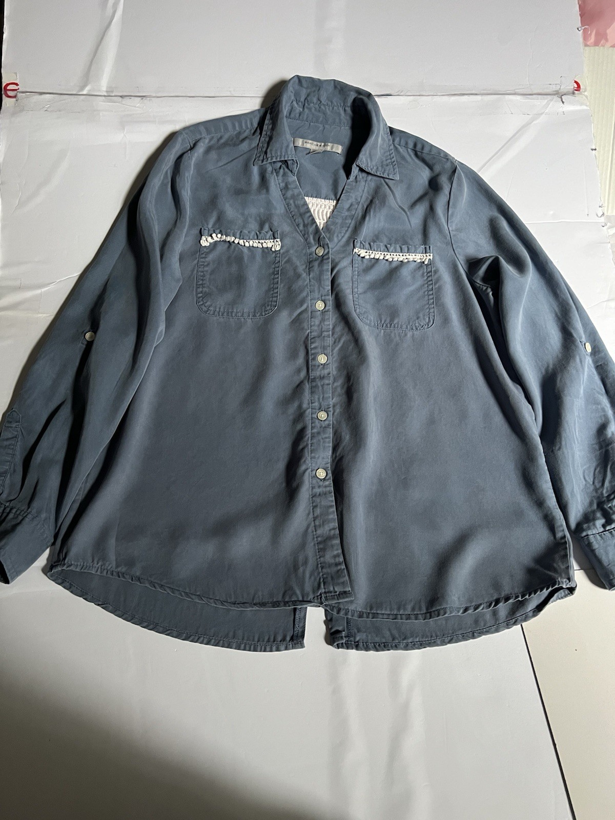 Marc New York Blue Button Down Blouse Soft Tencel Crochet Accent Boho Western S