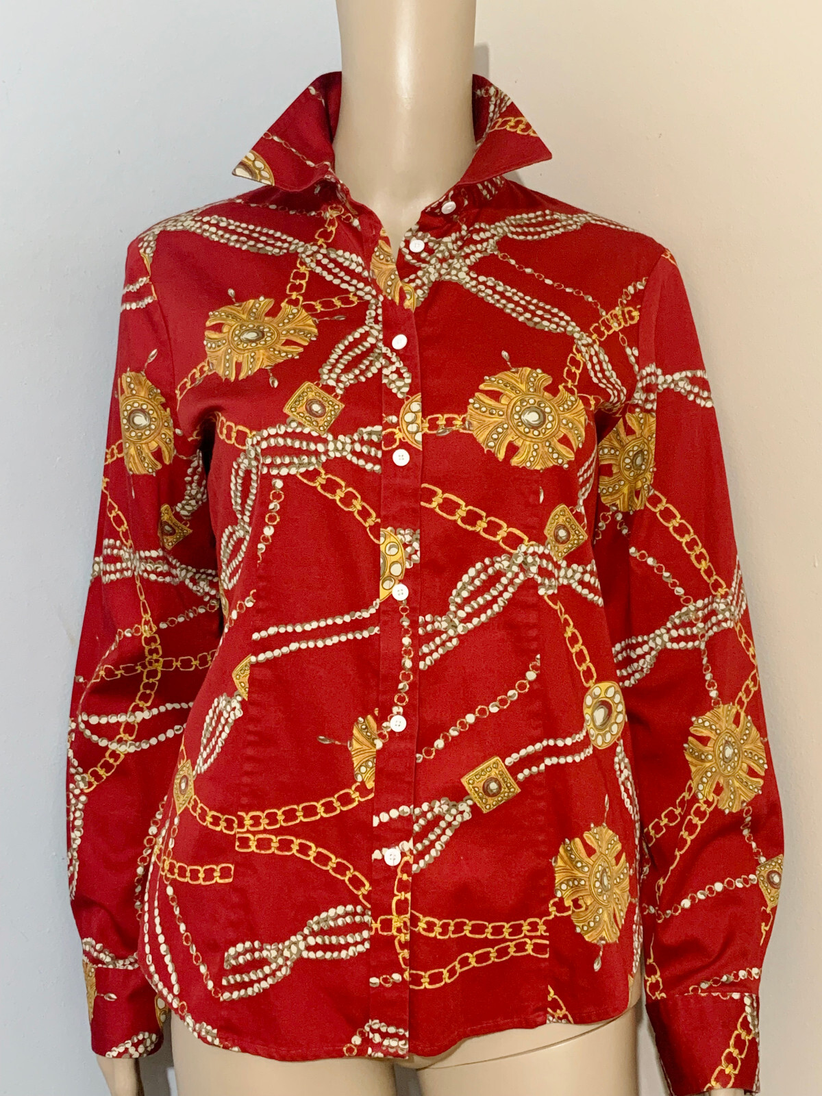 TALBOTS HABERDASHERY 6 S Red Chains Jewels Cotton Stretch BUTTON DOWN SHIRT LS