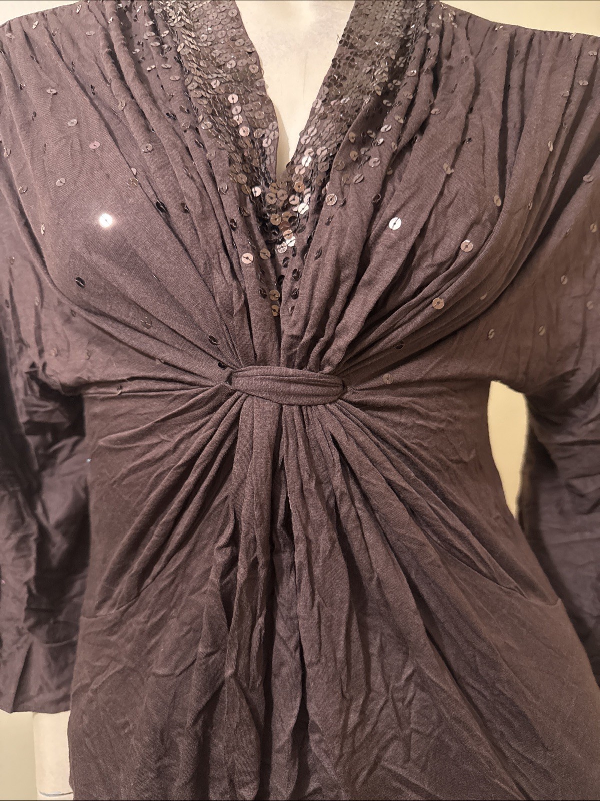 Women’s Brown Rayon Casual Pleated Stretch Beaded Bundle Size L Blouse Top