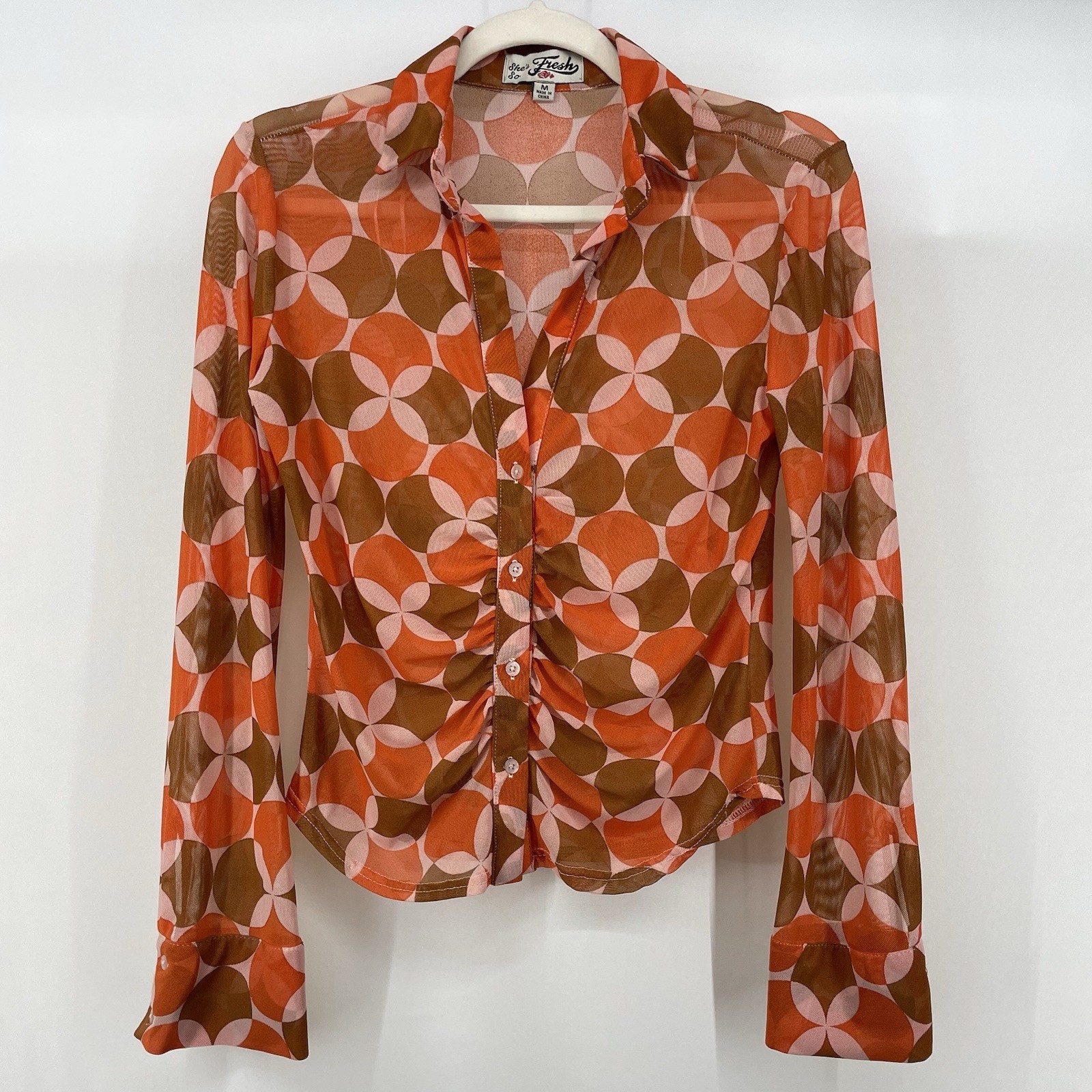 Shes So Fresh Size M Y2K Sheer Mesh Button Down Top Retro Hippie Festival Orange