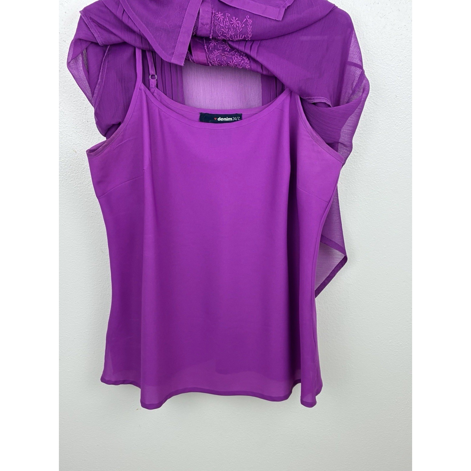 Denim 24/7 Purple Sheer Embroidered Sequin Asymmetric Tunic Blouse Top 16W 2PC