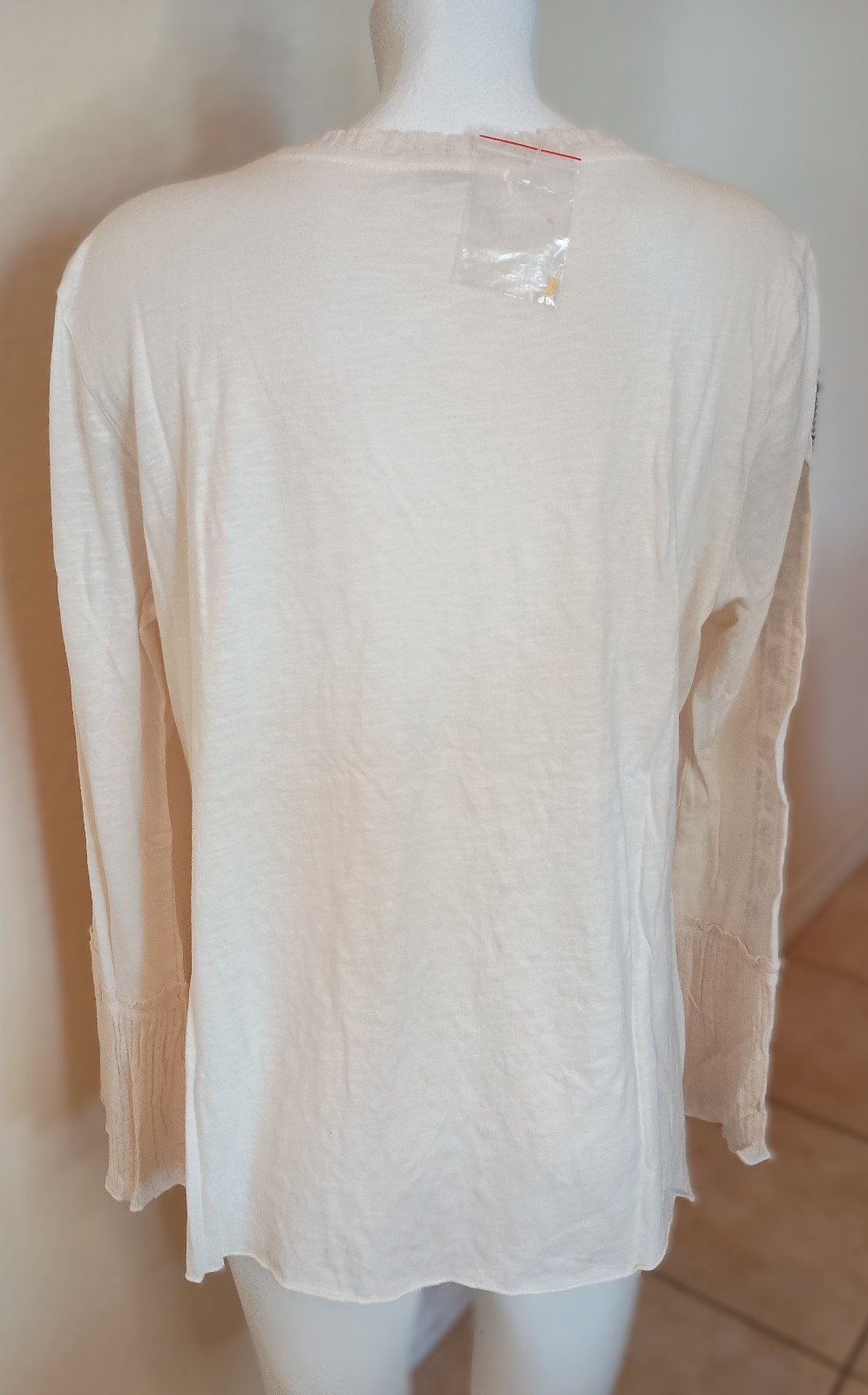 NIP SUNDANCE CATALOG Beige Fleur Jolie Embroidered Beaded Long Sleeve Tee SZ L