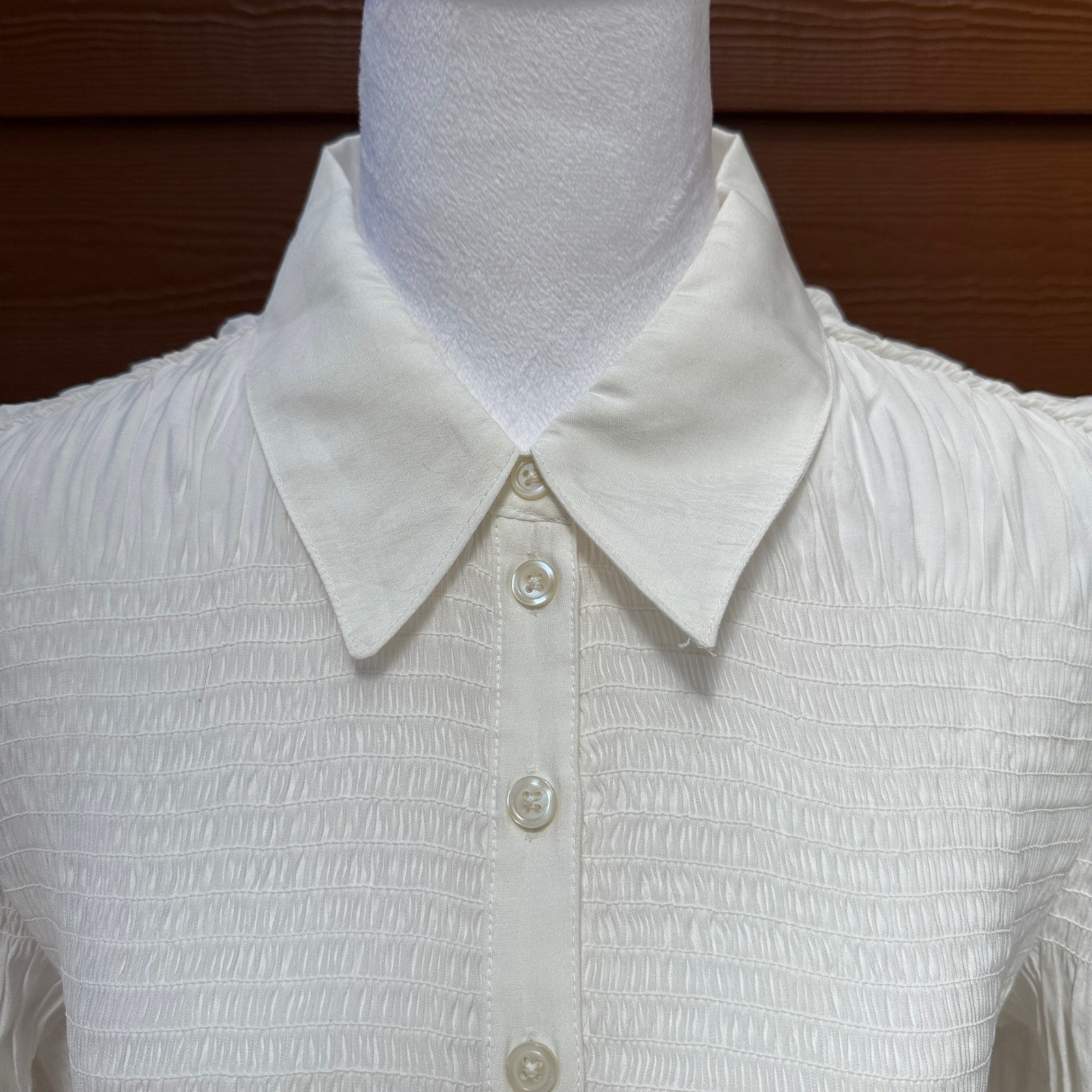 Anthropologie Smocked Puff Sleeve Blouse Womens Large Ivory Ruffle Romantic Boho