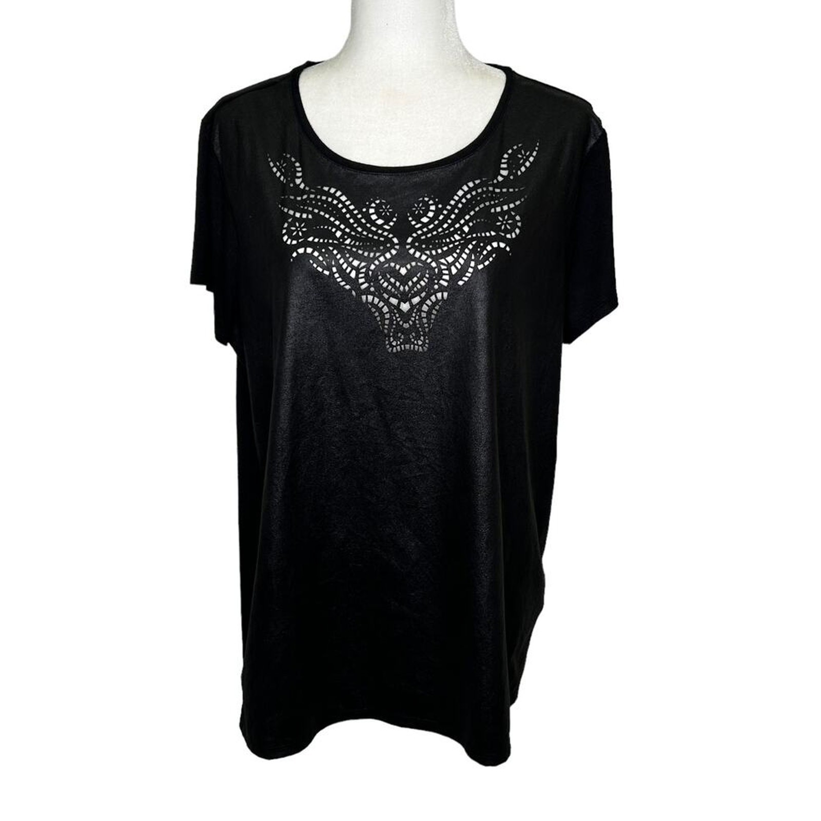 Rock & Republic Mixed Fabric Lazer Cut Moto Goth Faux Leather Short Sleeve Top
