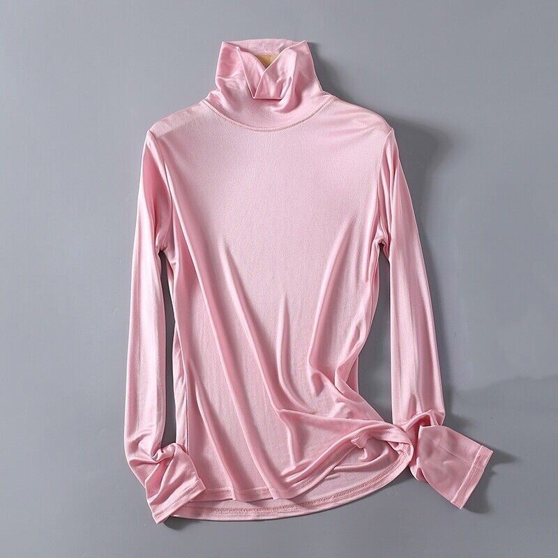 Women Mulberry Silk Shirts Turtle Neck Long Sleeve Thermal Shirt Base Layer Top