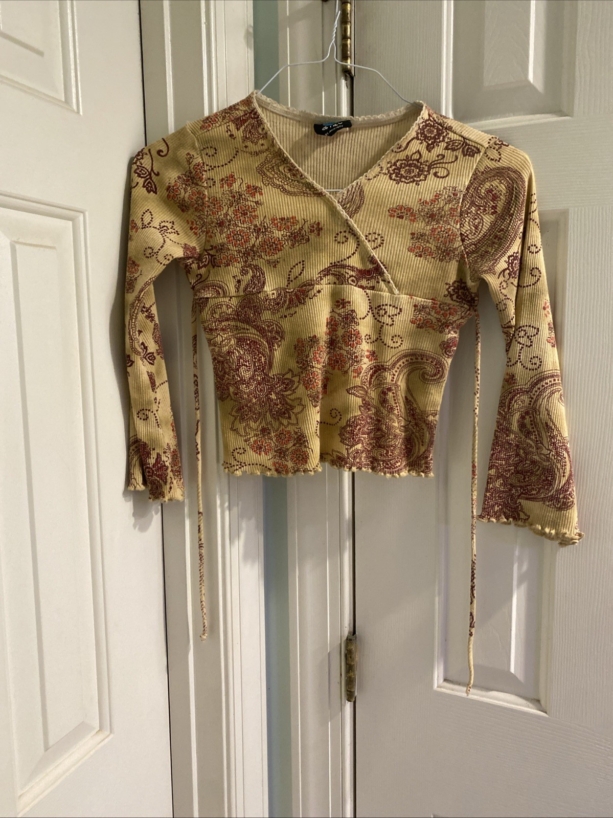 Y2K Paisley Earth Tones Tie 3/4 Sleeve Shirt Earth Girl By Anxiety Size Small