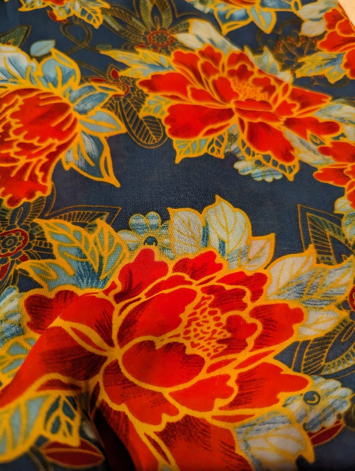 New BELLE VERE Colorful Floral Ruffle BOHO Top Shirt Dark Teal Orange Size Small