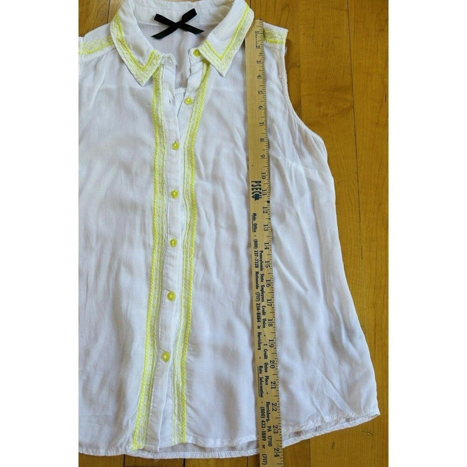 White Cotton Blouse with Lime Neon Embroidery & Buttons Cottagecore Boho Y2K