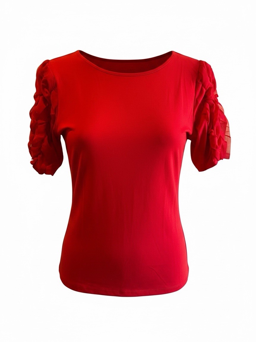 Women’s Size 1X Red Blouse With Rushing On Sleeves, NWT