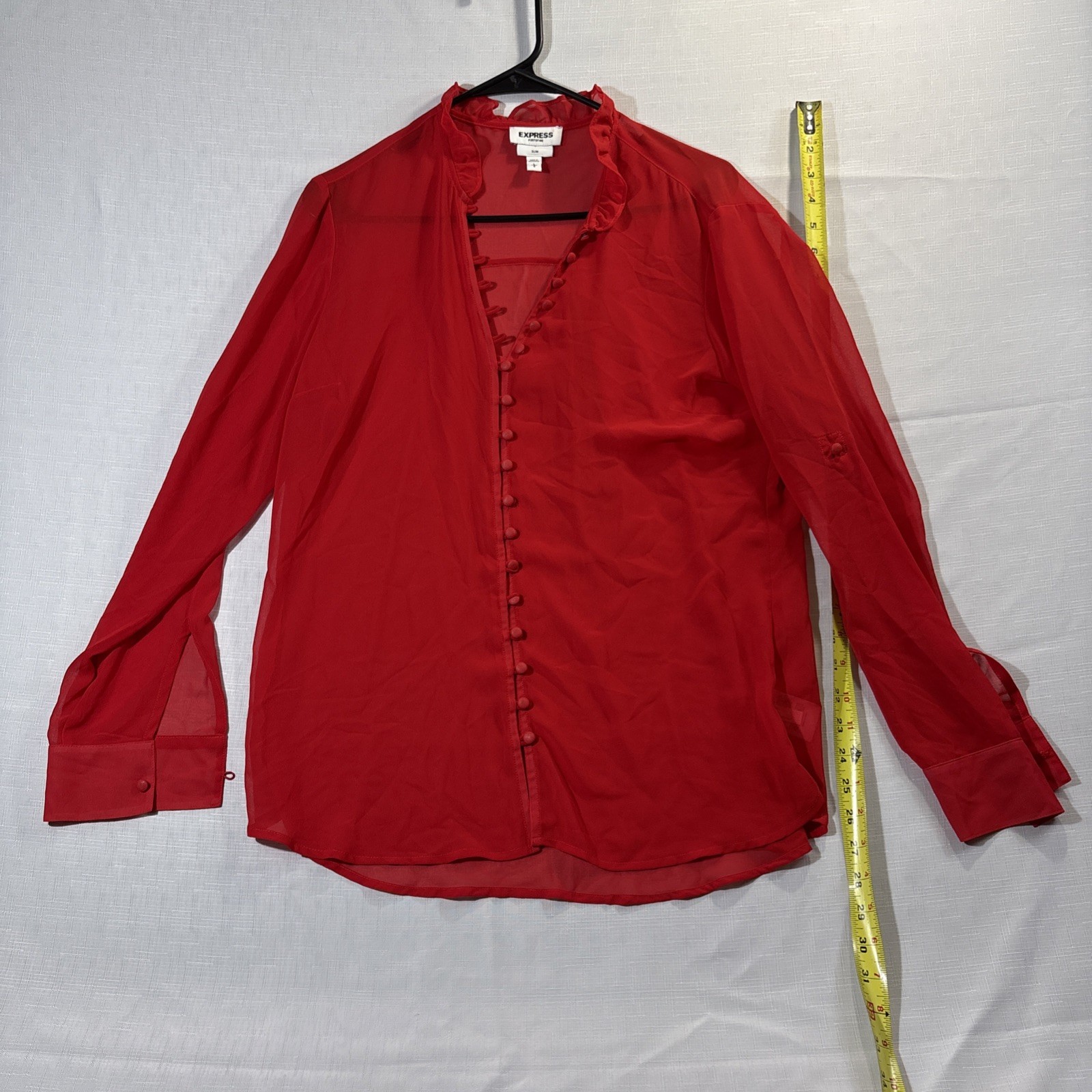 Express Portofino blouse red ruffle collar button front Women’s Large Slim Sheer