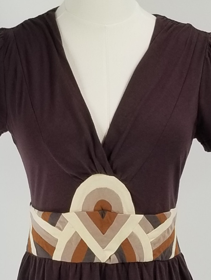 Deletta Size Small S V-Neck Tunic Top Waist Detailing Gathered Below Waist Brown