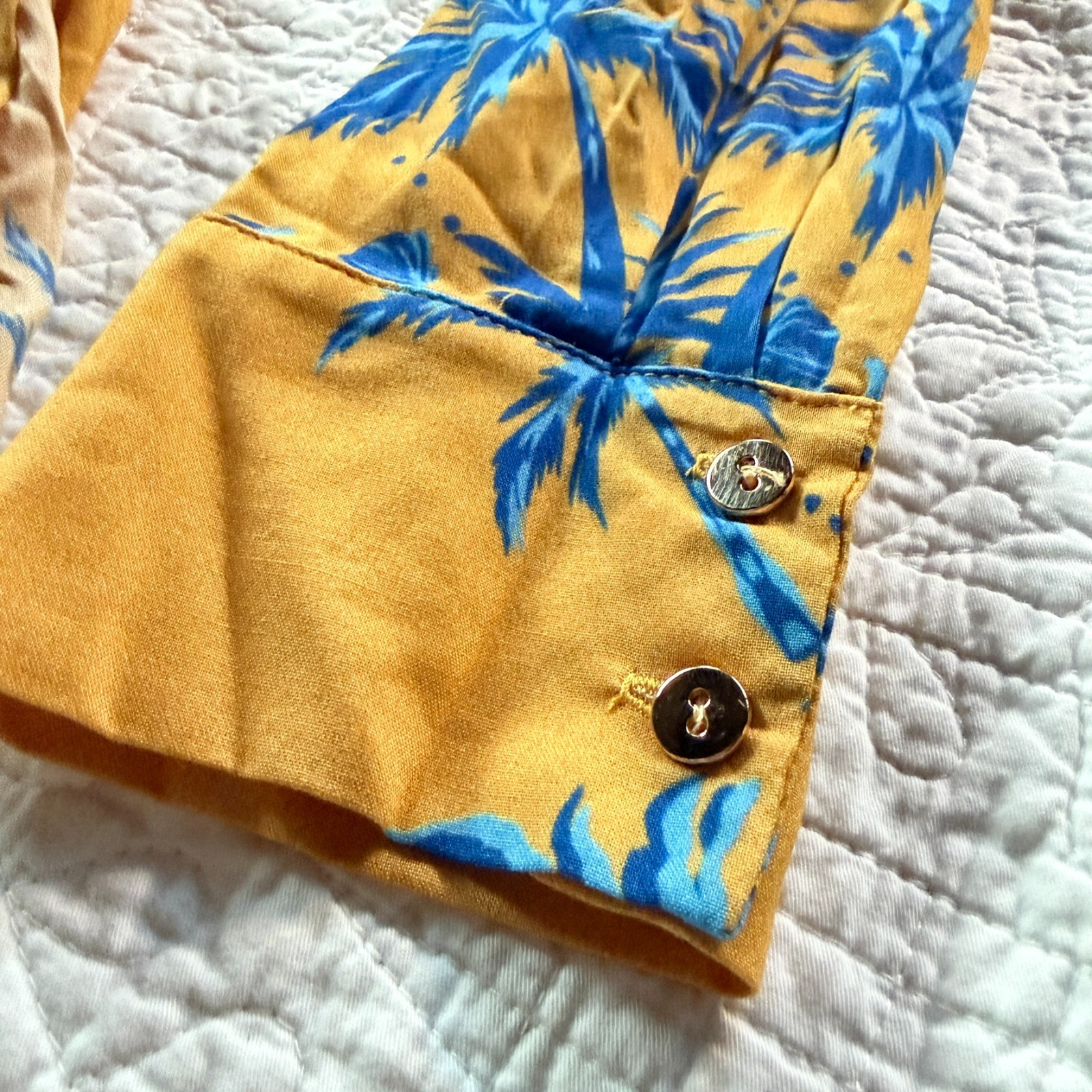 $198 NWT Aquari Yellow Blue Palm Tree Robe Wrap Dress Size S Boho Resort Wear