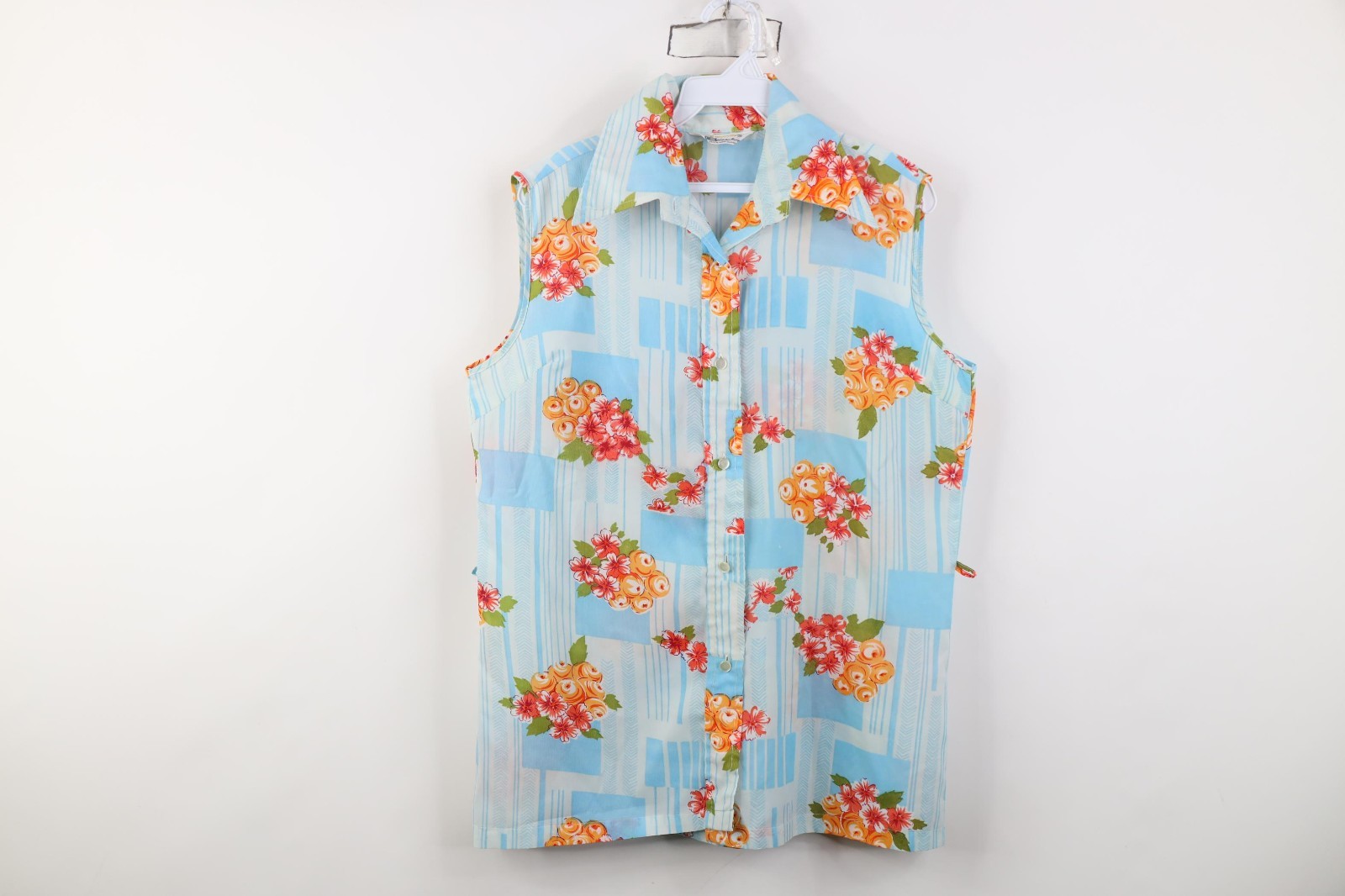 Vtg 70s Mid Century Modern MCM Womens 36 Flower Sleeveless Collared Button Shirt