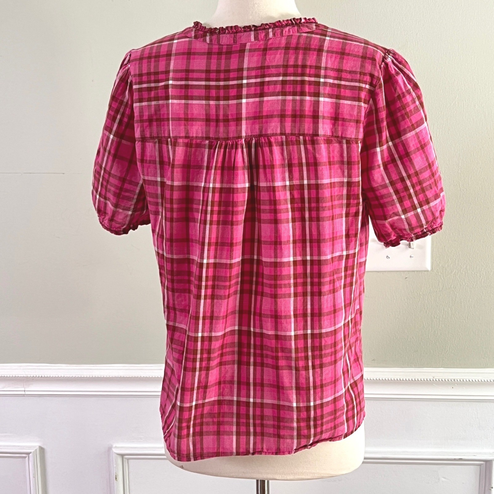 Lascana Plaid Henley Blouse 10 Womens Pink Ruffle Puff Sleeve Cotton Cottagecore
