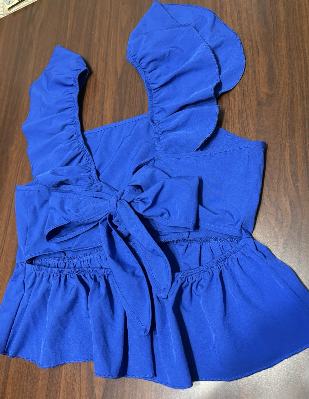 SHEIN Blue Solid Square Neck Flutter Sleeve Peplum Polyester Blouse Womens M