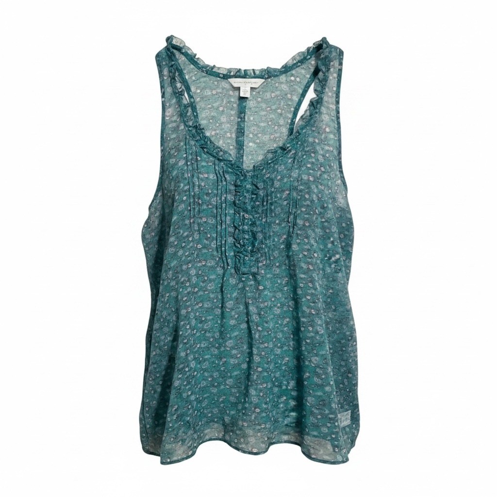 American Eagle Floral Green Sheer Ruffle Tank Top Size S Boho Racerback Pintuck