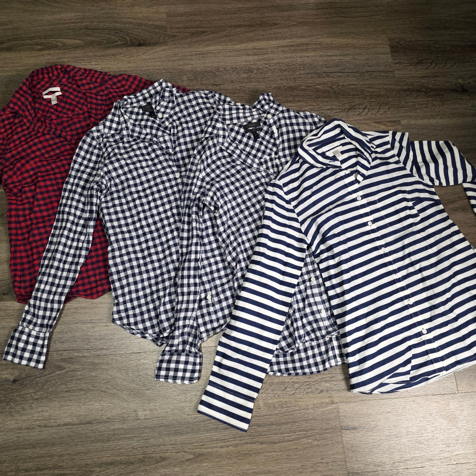 J.Crew Womens 0 2 Bundle 4 Boy Fit Shirts Gingham Striped Navy Red White