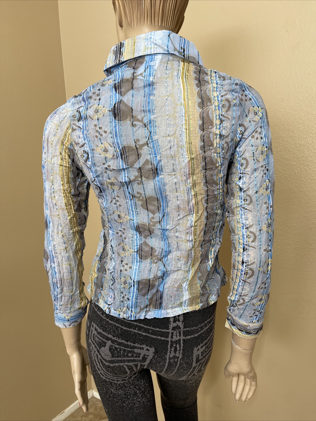 Women’s Light Blue Floral Polyester Casual Strip Pleat Size S Button Blouse Top