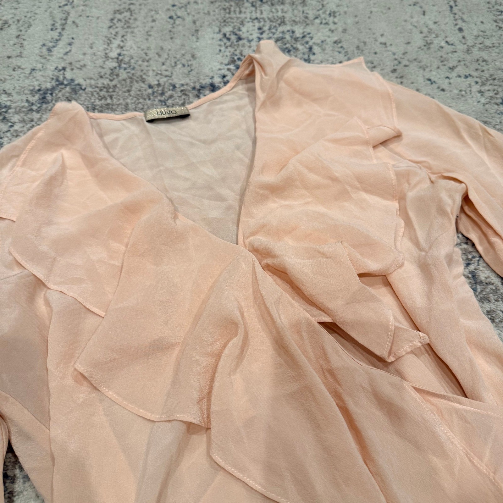 LIU JO Peach Pink Ruffle V-Neck Blouse Long Sleeve Side Zip Sheer Top Womens