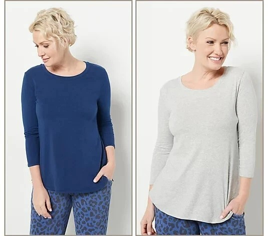 Cuddl Duds Cotton Core Set 3/4 Sleeve Swing Tops Navy / Heather Gray Size XS